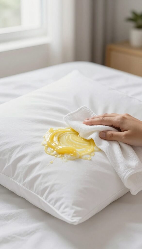 Applying baking soda and hydrogen peroxide paste to a yellow-stained white pillow