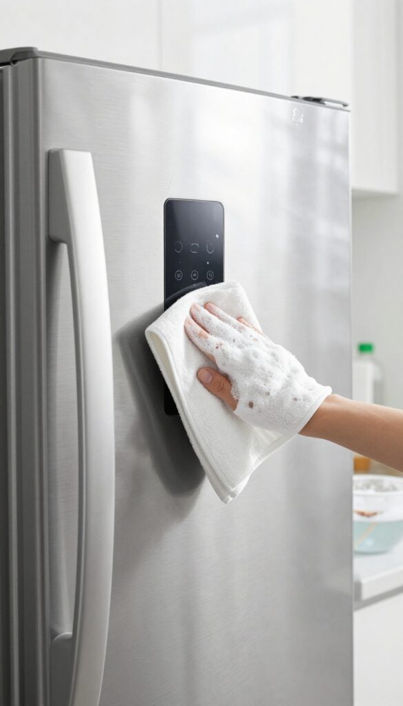 Close-up of wiping refrigerator handles and buttons with a microfiber cloth