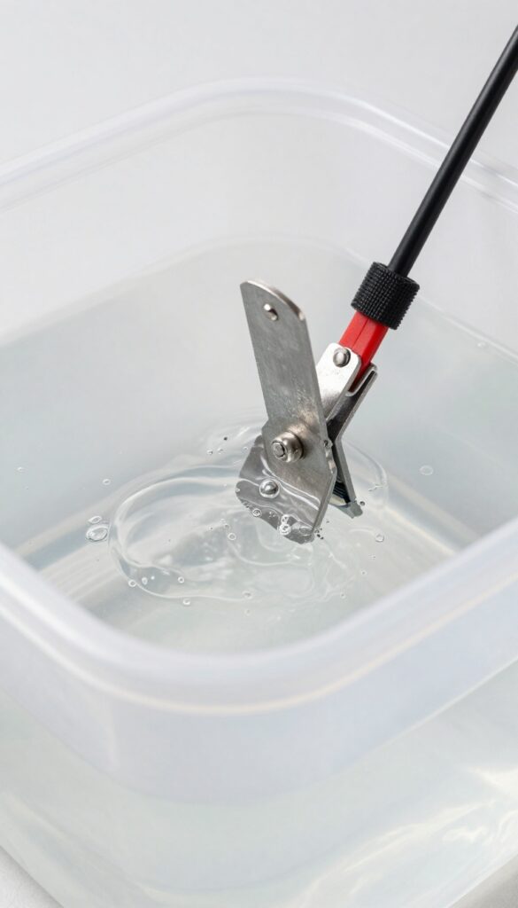 Electrolysis setup for rust removal from a cast iron skillet, showing the skillet and anode submerged in water with bubbles.