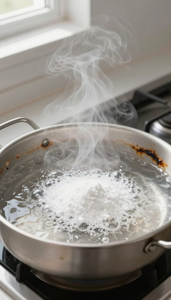 Baking sheet with boiling water and baking soda on stovetop, steam rising, burnt grease loosening