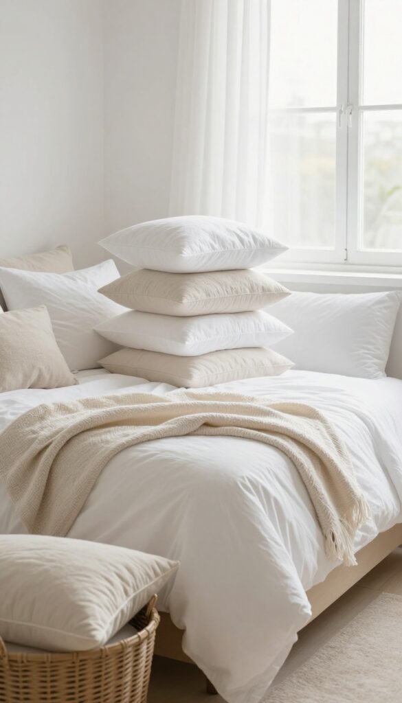 A clean, bright bedroom with fresh throw pillows and a blanket on a neatly made bed.