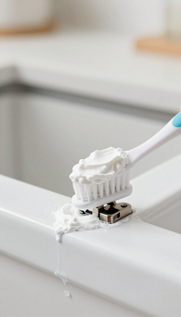 Close-up of a toothbrush scrubbing baking soda paste on an oven door hinge to remove grease buildup.