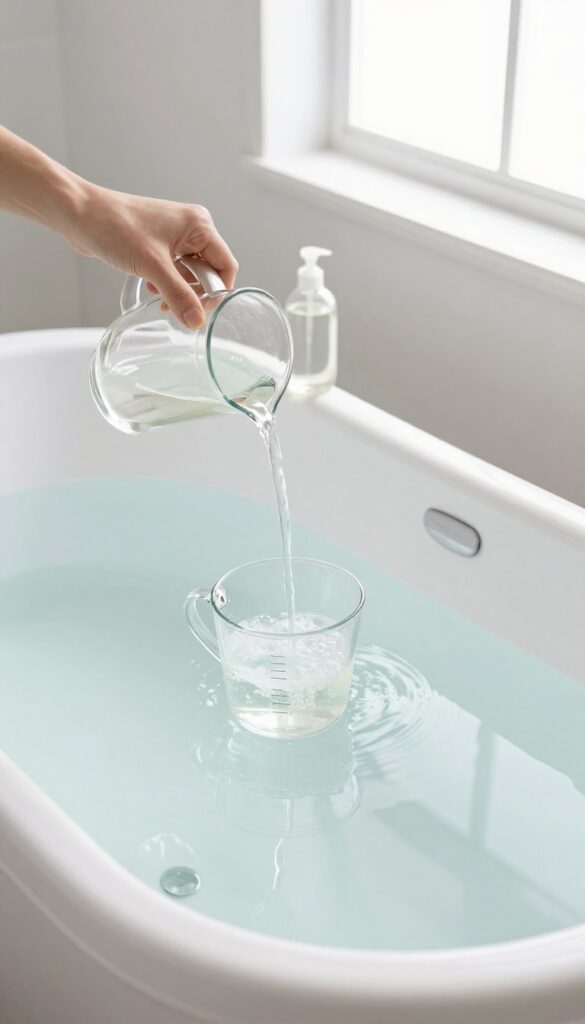 Pouring white vinegar into a jacuzzi tub with dish soap nearby for cleaning jets
