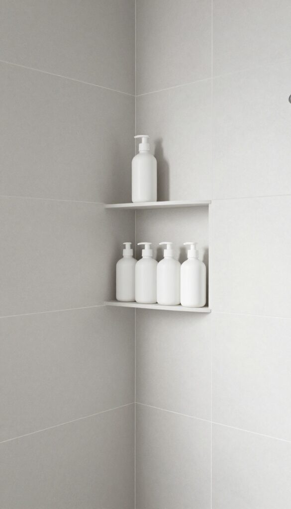 Corner shower niche with triangular shelf holding bottles, modern bathroom design