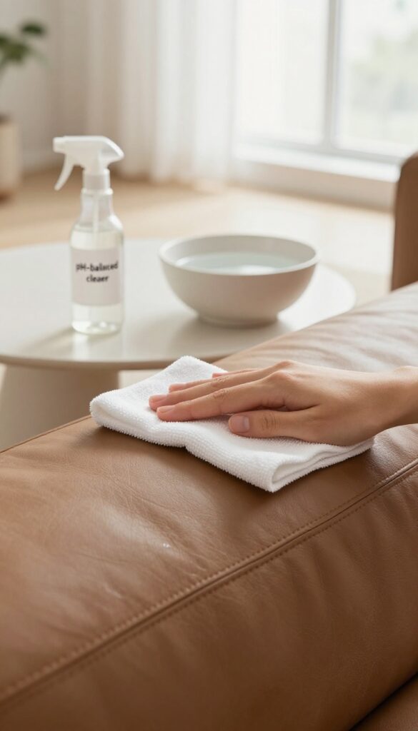 Person cleaning a leather couch with a microfiber cloth and pH-balanced cleaner