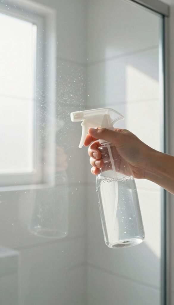 Spray bottle with vinegar and dish soap solution on a glass shower door