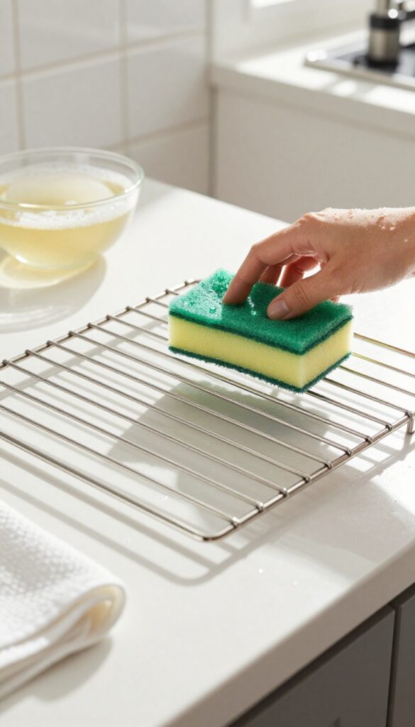 Close-up of scrubbing oven racks with a sponge on a kitchen counter, bright natural light
