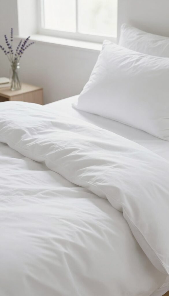 A neatly made bed with white sheets and pillows in a bright, airy bedroom
