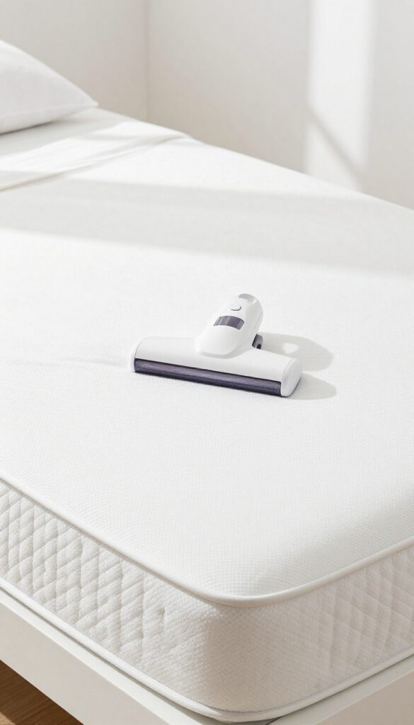 Vacuuming a mattress with an upholstery attachment to remove dust and debris before cleaning with baking soda.