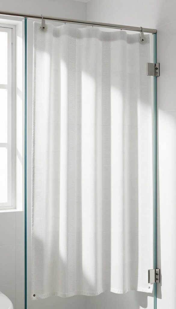 Decorative fabric panel attached to glass shower door with suction cups for privacy