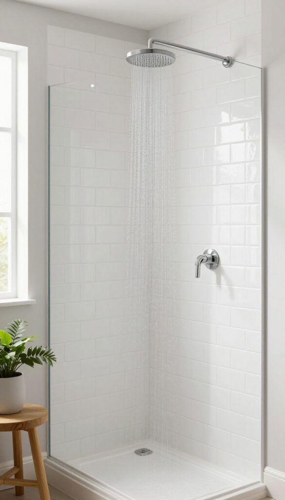 White subway tile herringbone pattern in a bright shower with natural light and modern fixtures
