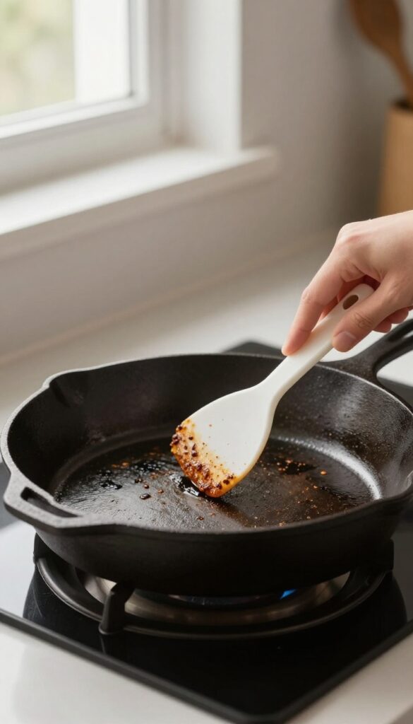 Hand using a plastic scraper on a warm cast iron skillet to remove stuck-on food without scratching the seasoning.