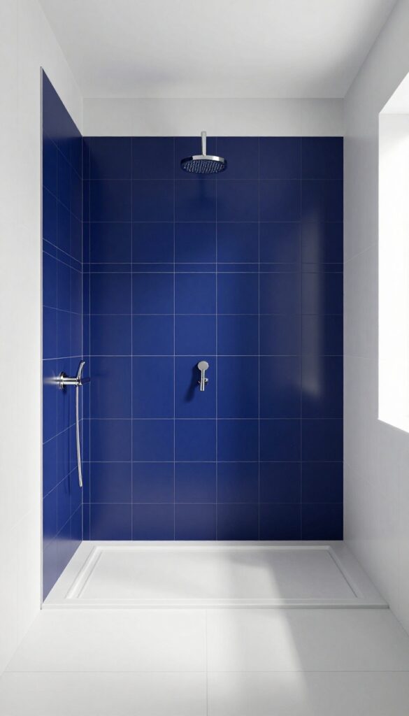 Bold navy blue tile accent wall in a bright modern shower with white neutral tiles