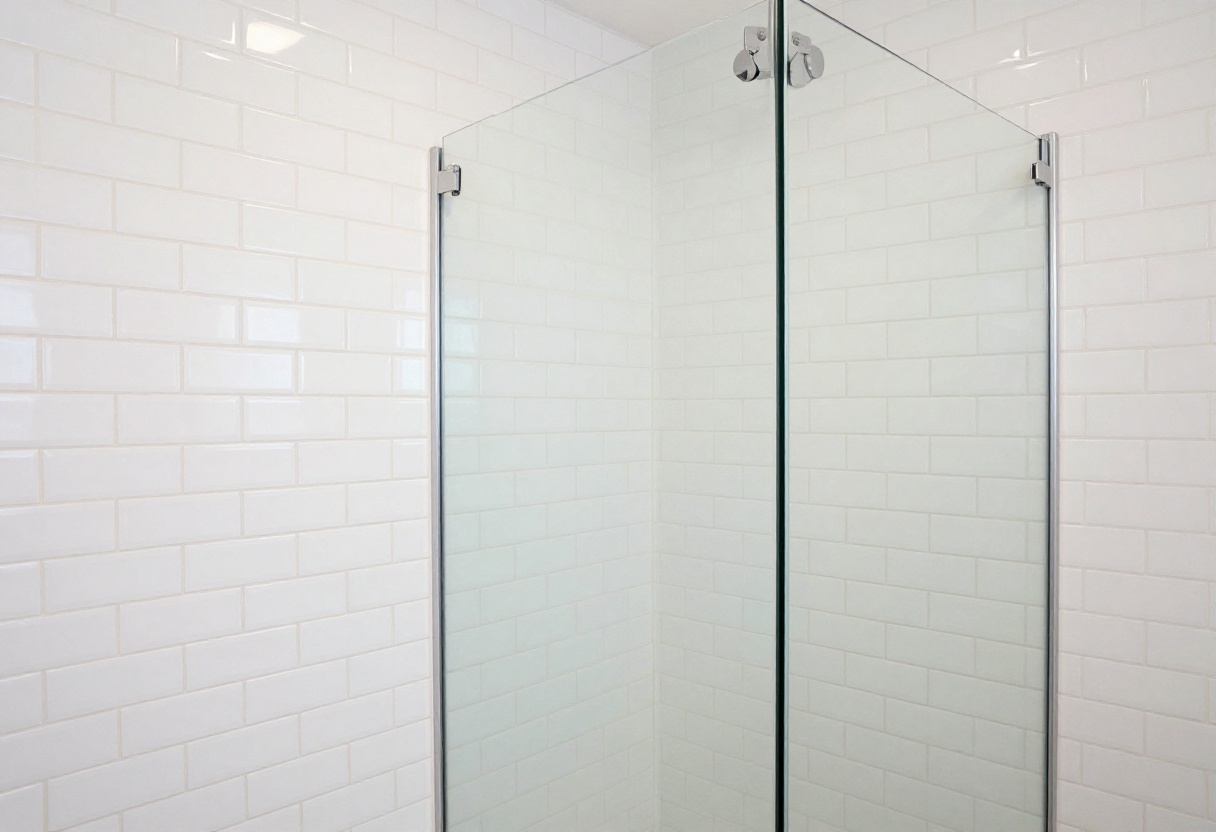 Small shower with vertical stacked white subway tiles, glass door, and natural light