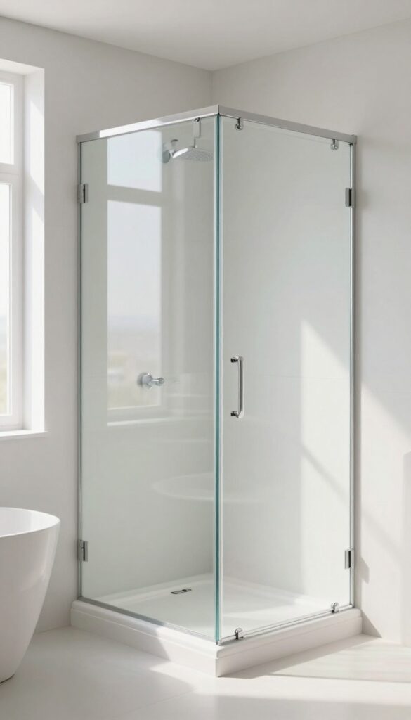 Frameless glass sliding shower screen on a bathtub in a bright modern bathroom