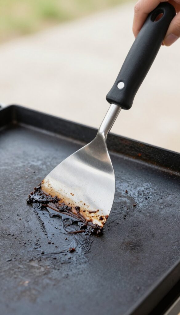 Long-handled metal scraper cleaning grease off a Blackstone griddle