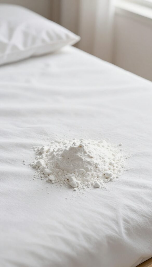 Cornstarch powder sprinkled on a mattress to absorb fresh urine