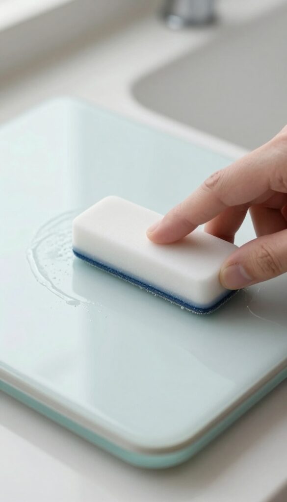 Hand using a damp magic eraser to clean a grease spot on a glass stove top