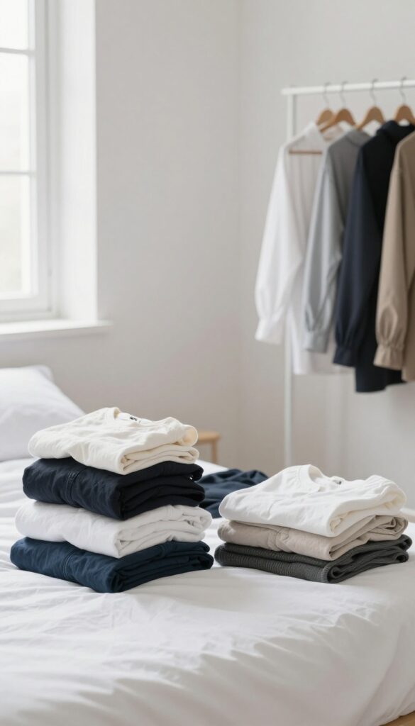 Clothes sorted into piles by category on a bed in a bright, organized bedroom.