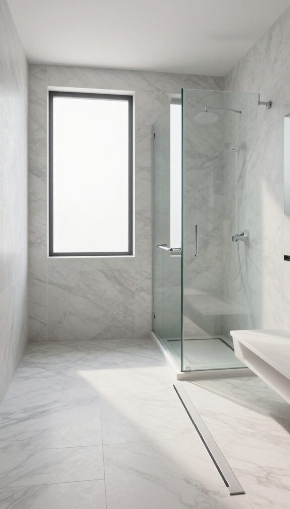Seamless linear drain with coordinating marble-look porcelain tile in a bright, minimalist shower