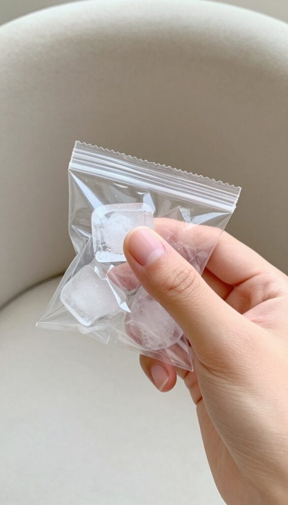 Person using ice cube in plastic bag to freeze gum on upholstery chair