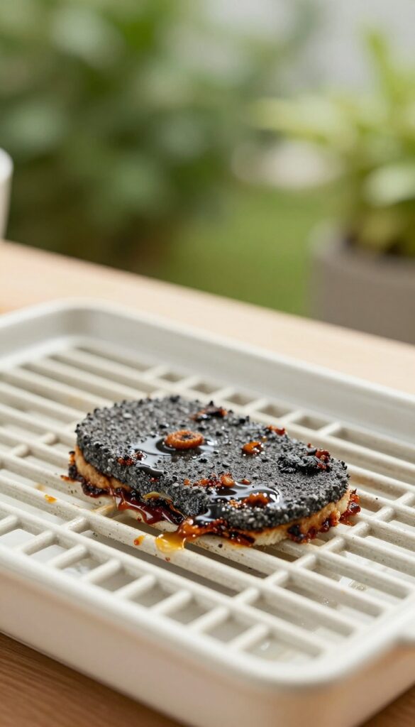 Pumice stone cleaning a ceramic grill grate outdoors