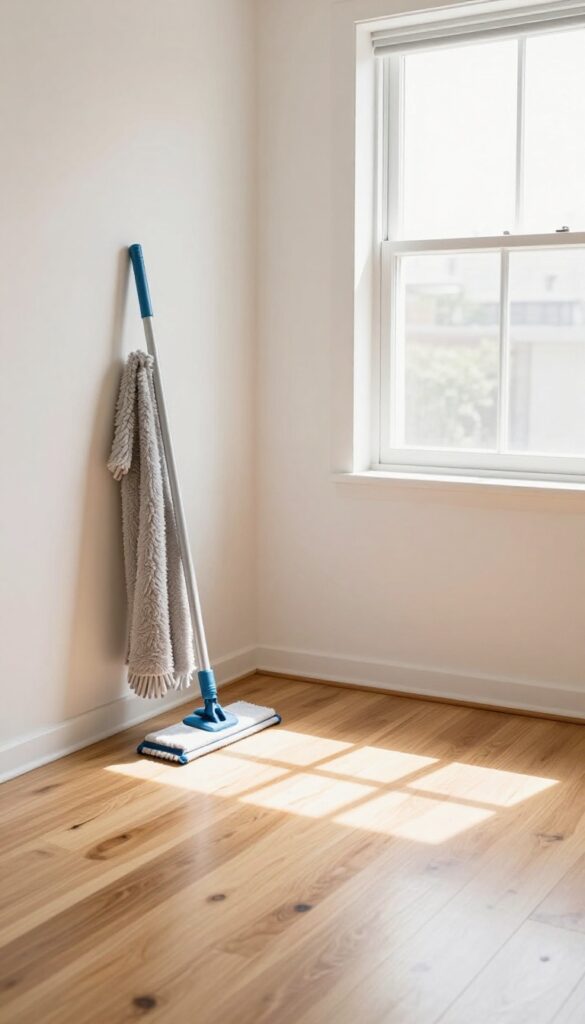Clean wooden floor in a sunlit bedroom with a mop, showing a path from door to bed, with dust in the corner.