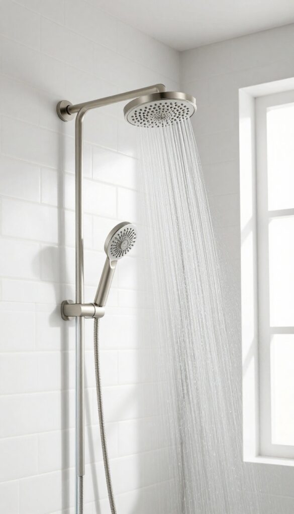 Low-flow eco-friendly shower head in a bright modern bathroom with water spray
