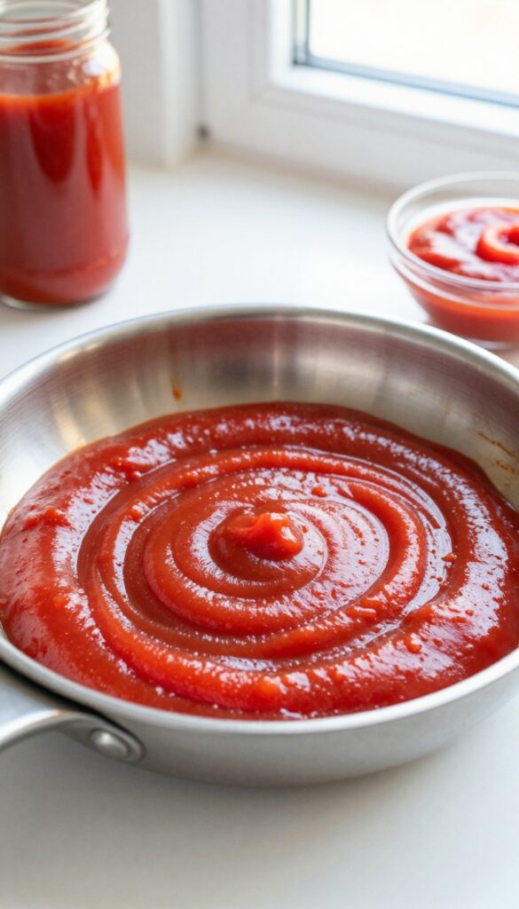 Close-up of a stainless steel frying pan bottom covered with ketchup for cleaning, with natural light and kitchen background