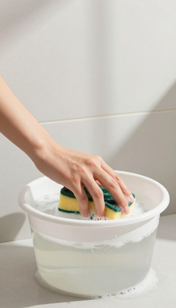 Hand dipping sponge into a bucket of warm soapy water for cleaning bathroom walls