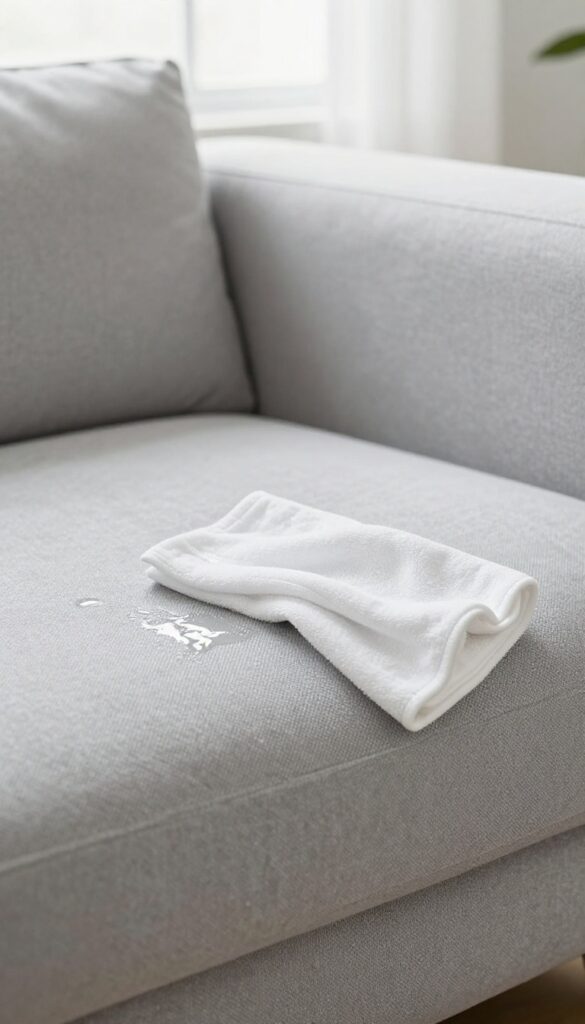 Blotting a water spill on a microfiber couch with a white cloth to prevent water marks