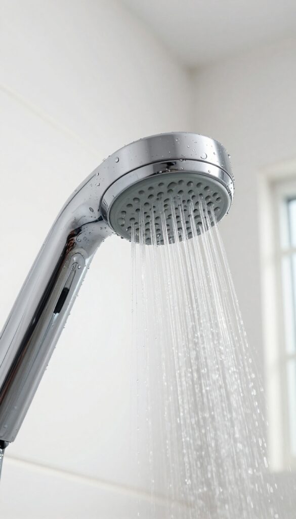 Close-up of a chrome shower head being rinsed with warm water, droplets glistening, bright natural light, clean tiled background.
