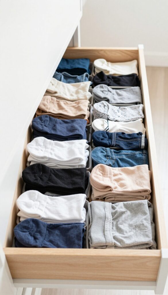 Neatly organized dresser drawer with KonMari folded clothes standing upright in rows by color and category