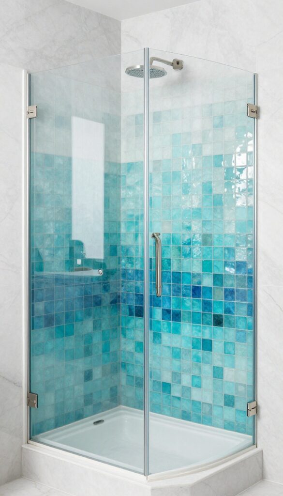 Modern bathroom shower with glossy blue glass mosaic tile strips in gradient shades, natural light, matte marble and brushed nickel fixtures.