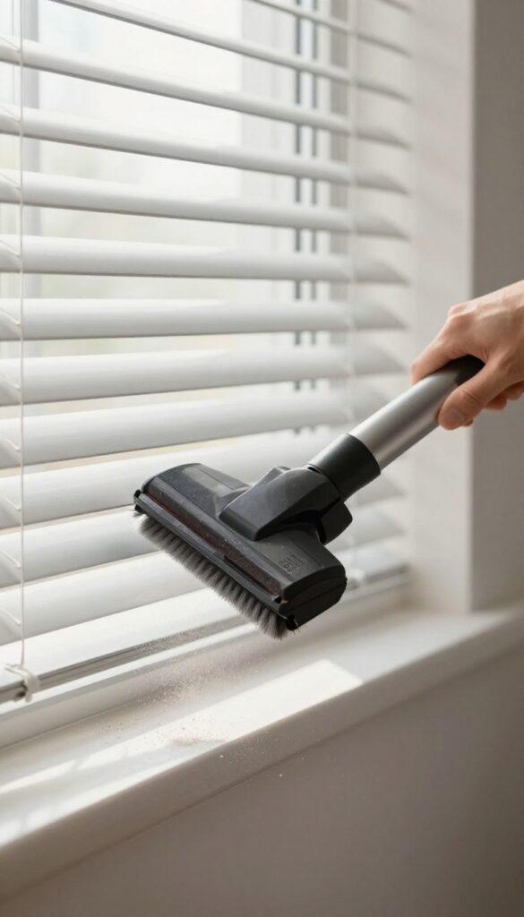Person vacuuming blinds with brush attachment in bright room