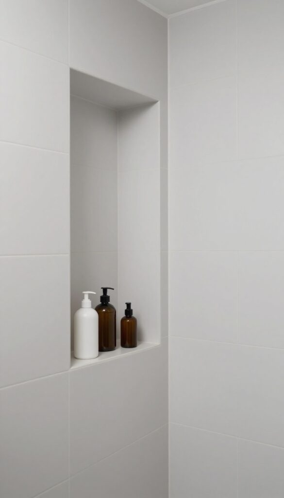 Small walk-in shower with built-in tile niche for storage, no caddy needed