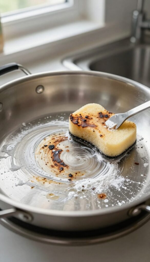 Cleaning a stainless steel pan with Bar Keepers Friend powder and a sponge, removing burnt-on stains in a bright kitchen.
