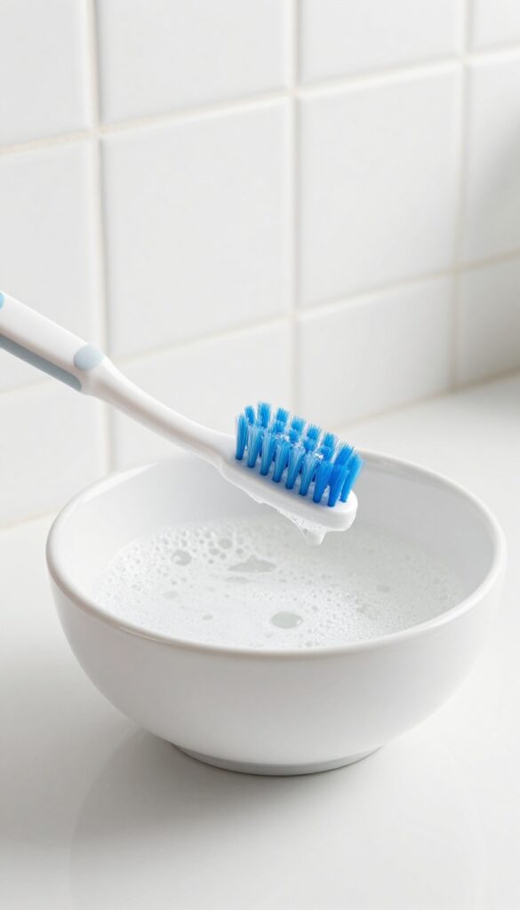 Toothbrush and dish soap on clean white bathroom tiles