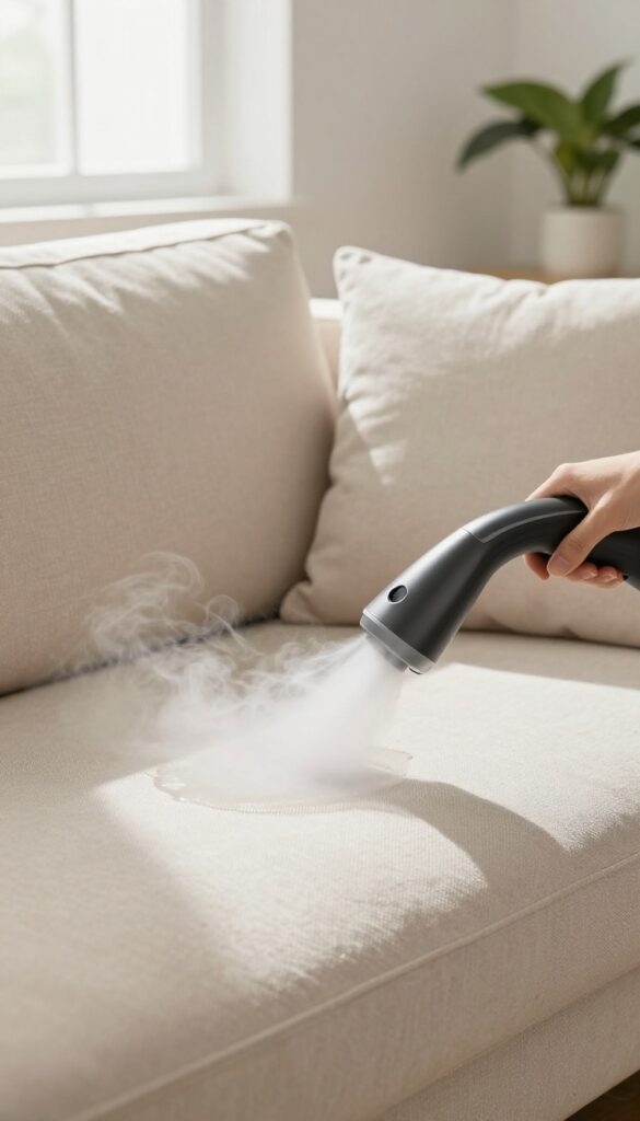 Steam cleaning a fabric couch cushion with a handheld steamer in a bright living room