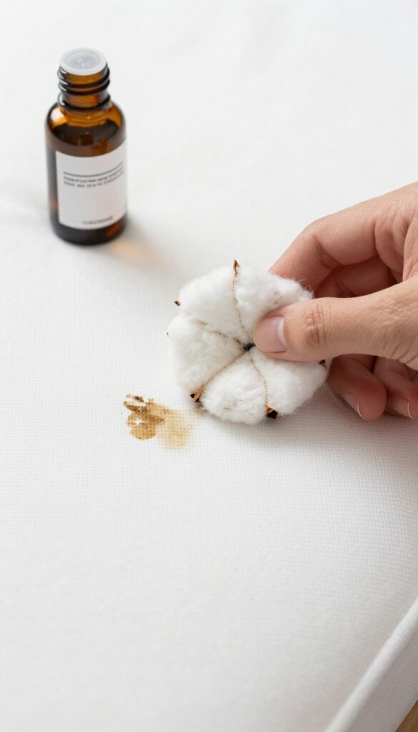 Cleaning an ink stain on a mattress with rubbing alcohol using a cotton ball