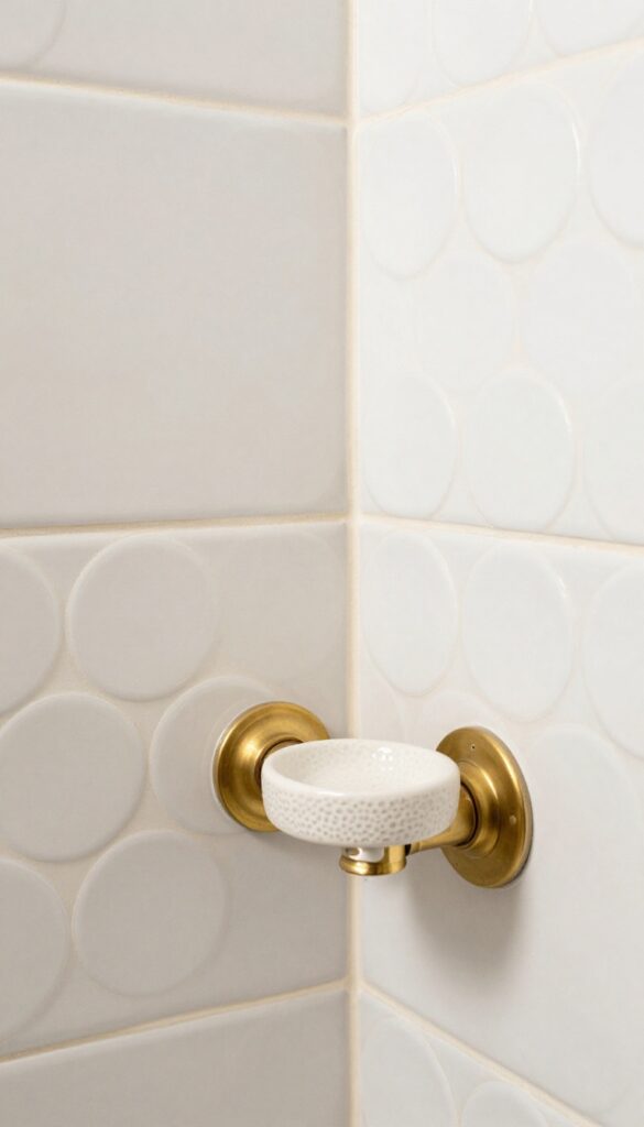 Vintage penny round tiles in a small shower with warm ivory grout and brass fixtures