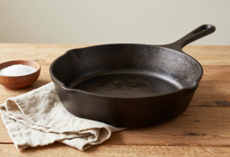 Seasoned cast iron skillet with salt and cloth on wooden table