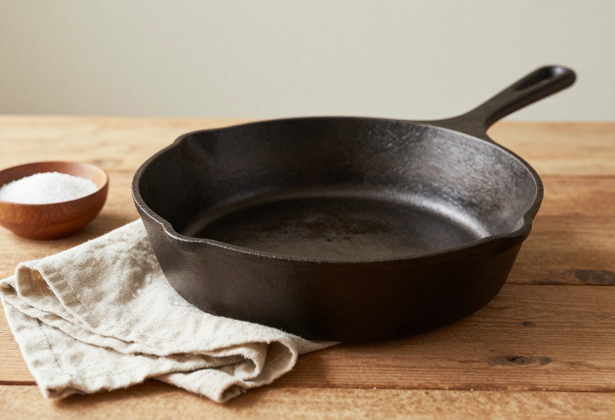 Seasoned cast iron skillet with salt and cloth on wooden table