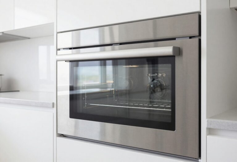 Clean oven door with streak-free glass in a bright kitchen