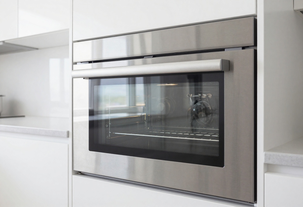 Clean oven door with streak-free glass in a bright kitchen