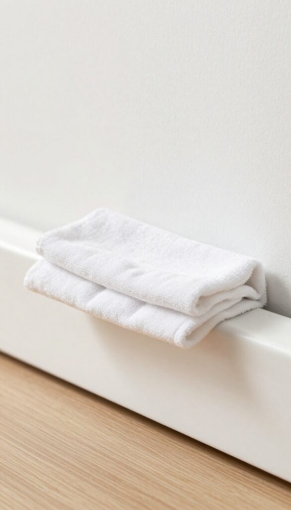 Close-up of a microfiber cloth dusting a clean white baseboard in bright natural light.