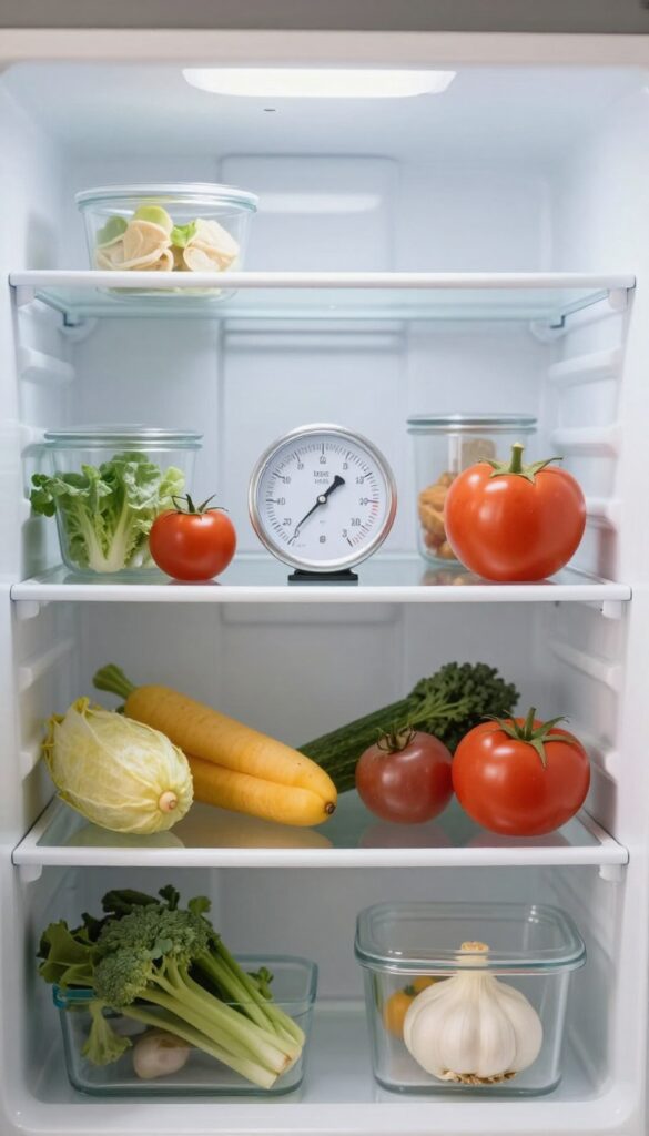 Close-up of a fridge interior with a thermometer on the middle shelf among fresh produce.