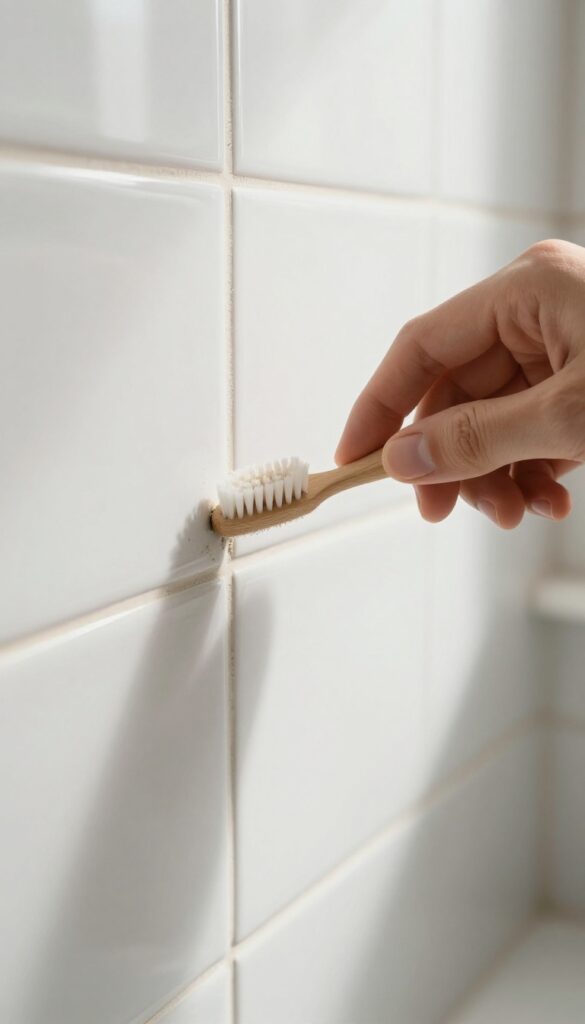 Hand scrubbing tile grout with an old toothbrush in bright natural light