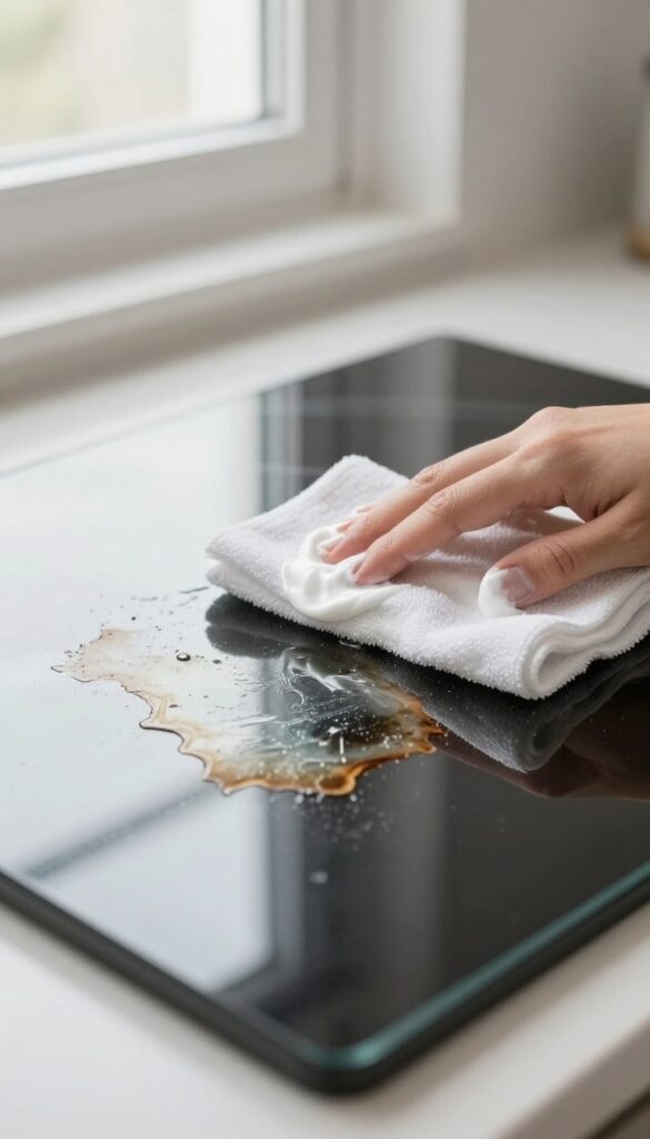 Applying cream of tartar and hydrogen peroxide paste to a burnt-on stain on a glass stovetop