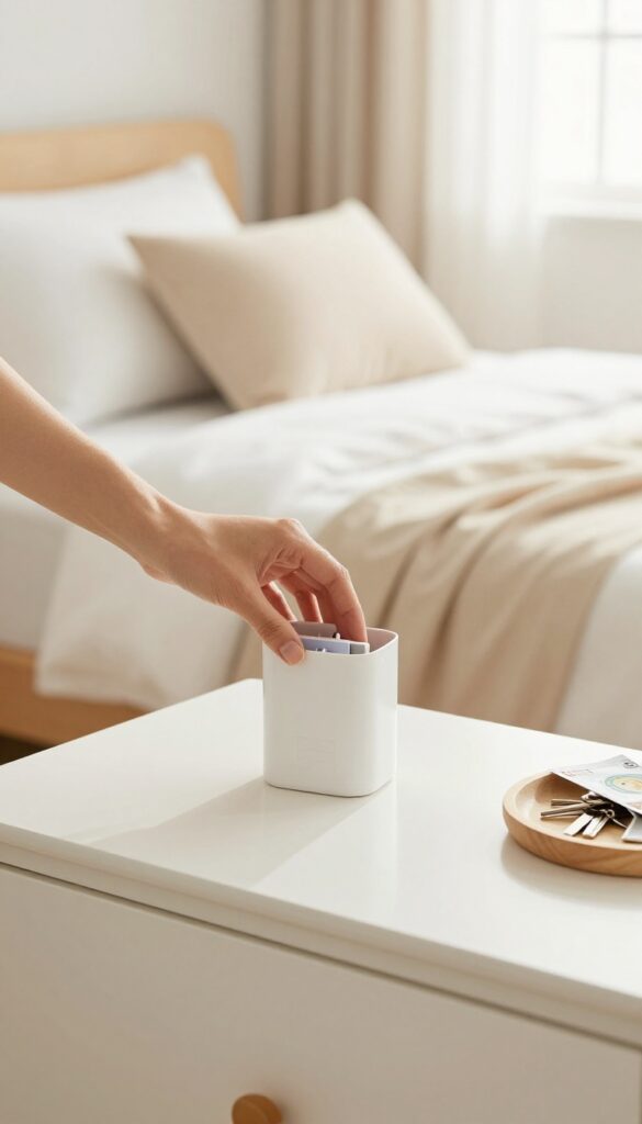 Person using one-touch rule to place an item directly into its designated home in a clean, organized bedroom.